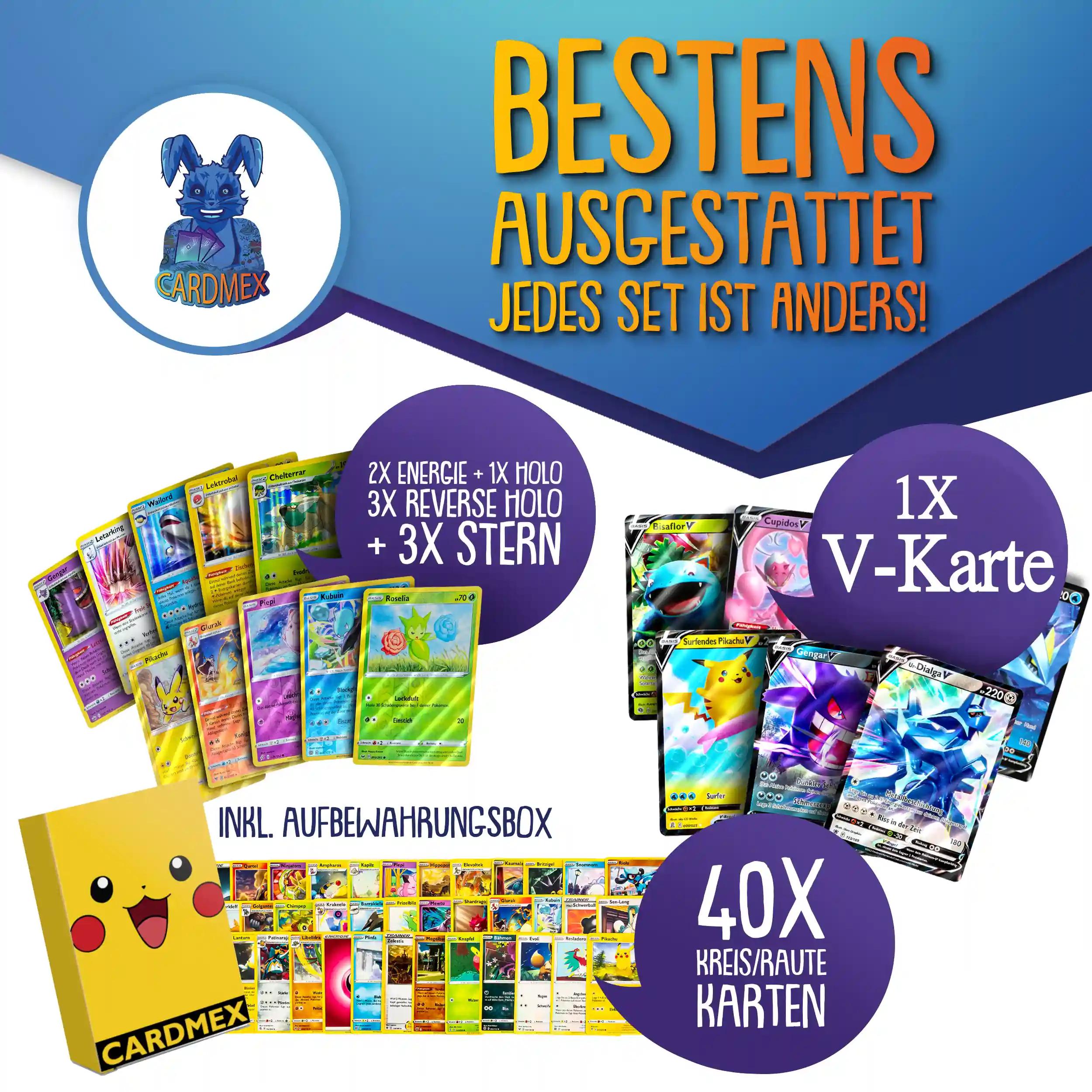 50 verschiedene Pokemon Karten inklusive Holo und V Karte