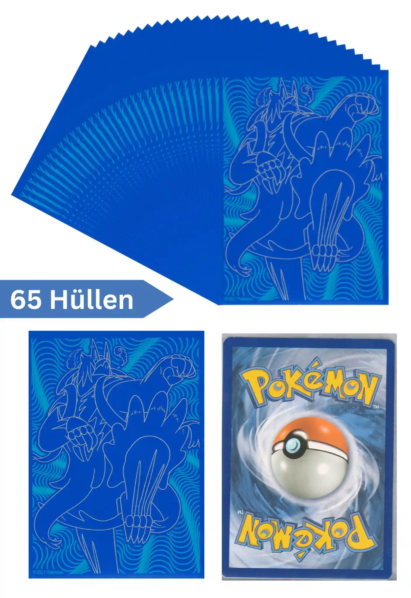 Pokemon Karten Schutzhüllen 65 Stück (Top Trainer Box Kampfstile Blau)
